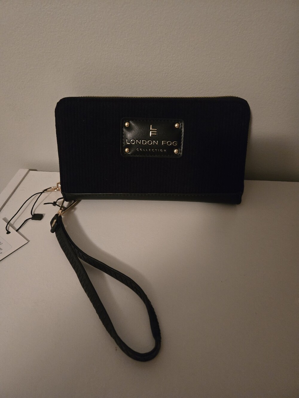 London Fog Black Corduroy Wristlet Wallet with Gold Plaque NEW